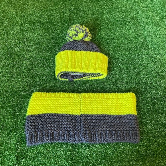 Knitted Beanie Winter Hat w/Pom-Pom and Infinite Scarf Yellow Neon Grey Kids Set - Picture 2 of 7
